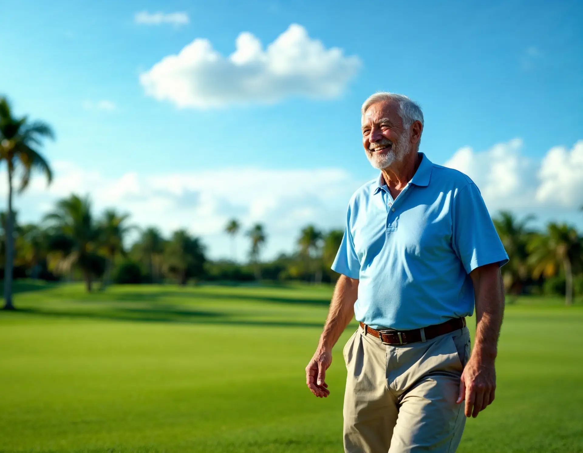 Smiling senior man walking on sunny golf course
