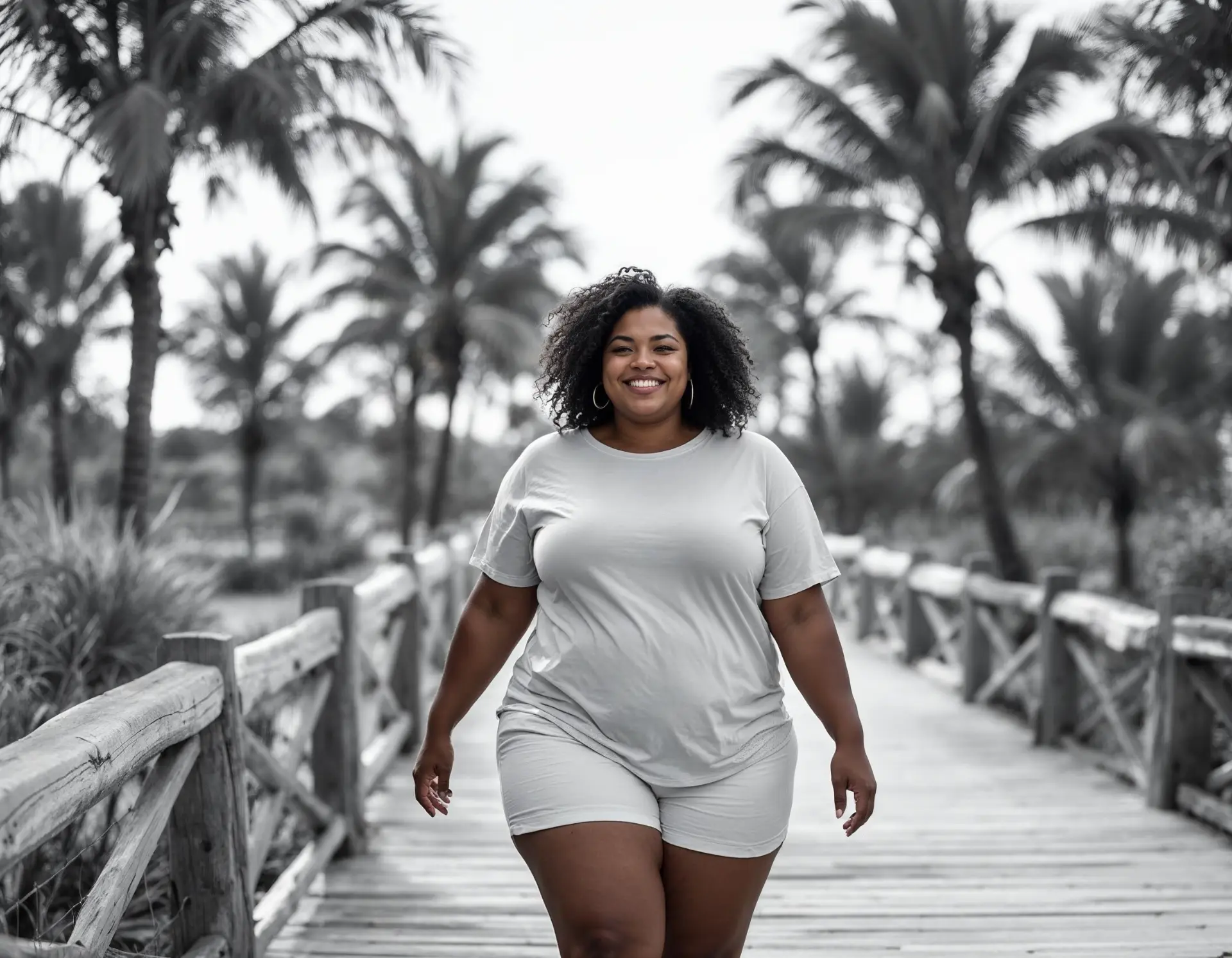 Cheerful woman walking on wooden pathway among palm trees