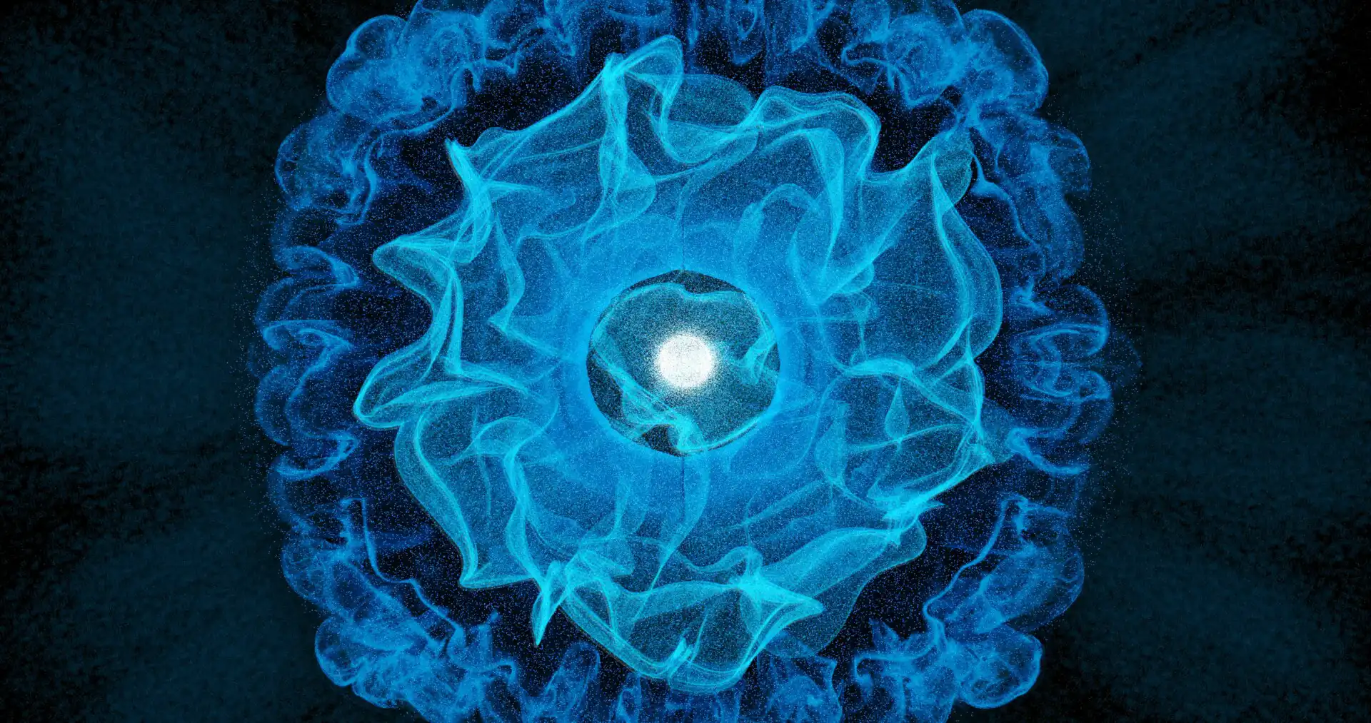 Abstract blue smoke swirls with central glowing orb
